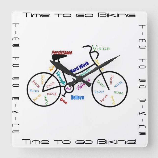 Time to go Biking, Bikes with Motivational Word Square Wall Clock (Front)