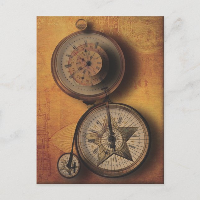Time to Go Steampunk Clock on Victorian Bicycle Postcard (Front)