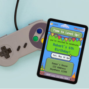 Time to Level Up Pixel Gamer Birthday Invitation