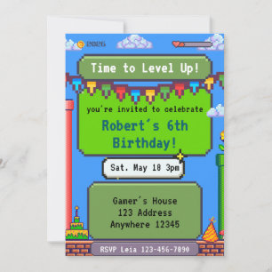 Time to Level Up Pixel Gamer Birthday Invitation