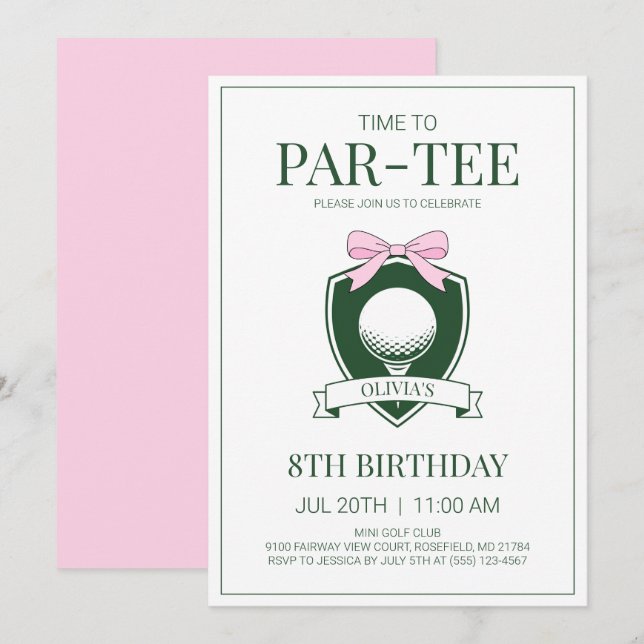 Time to Par-Tee Pink Bow Golf 8th Birthday Party Invitation (Front/Back)