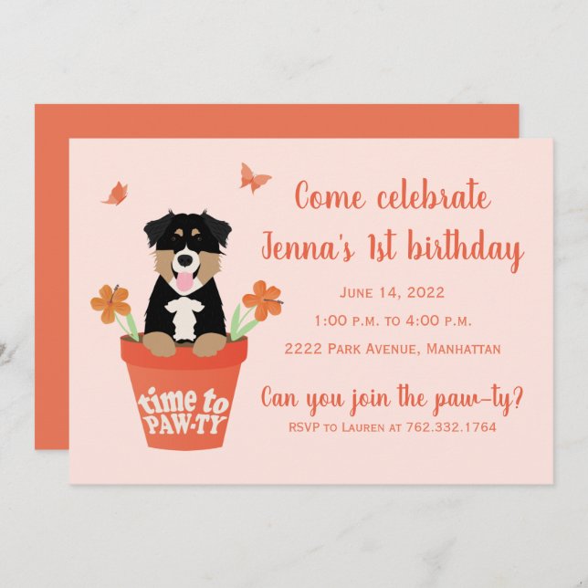 Time To Pawty Australian Shepherd Dogs Invitation (Front/Back)