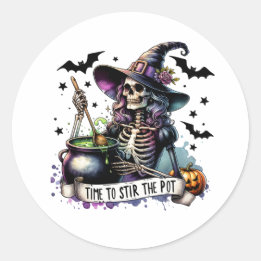 Time to Stir the Pot Skeleton Witch Classic Round Sticker
