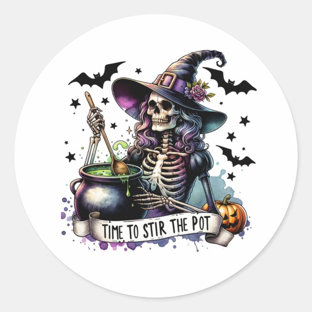 Time to Stir the Pot Skeleton Witch  Classic Round Sticker (Front)