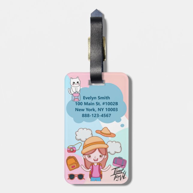 Time to Travel Girl Themed Personalised Luggage Tag (Back Vertical)