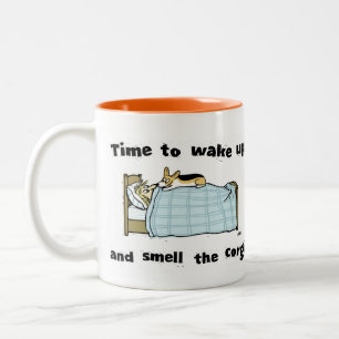 Time to Wake Up and Smell the Corgi Funny Cartoon Two-Tone Coffee Mug