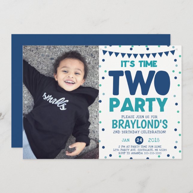 Time Two Party 2nd Birthday Invitation (Front/Back)