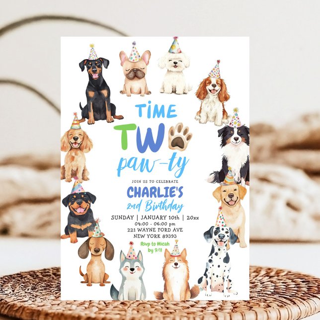 Time Two Pawty Dog Lovers Kids Second Birthday Invitation (Creator Uploaded)