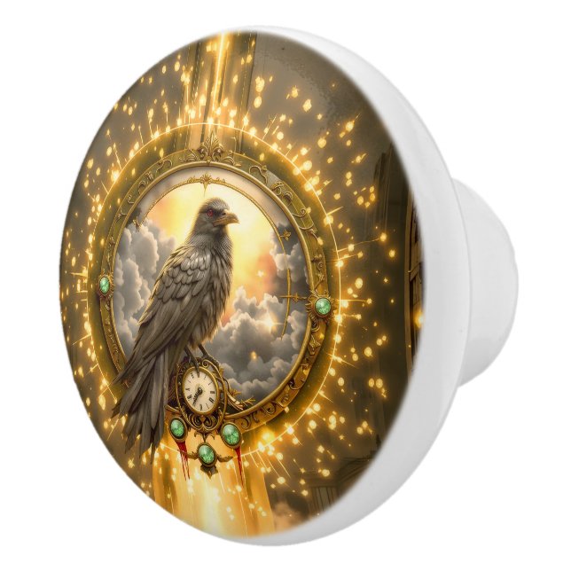 Timekeeper Raven – Gothic Clockwork Ceramic Knob (Right)