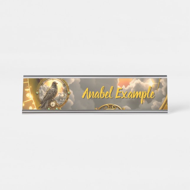 Timekeeper Raven – Gothic Clockwork  Desk Name Plate (Front)