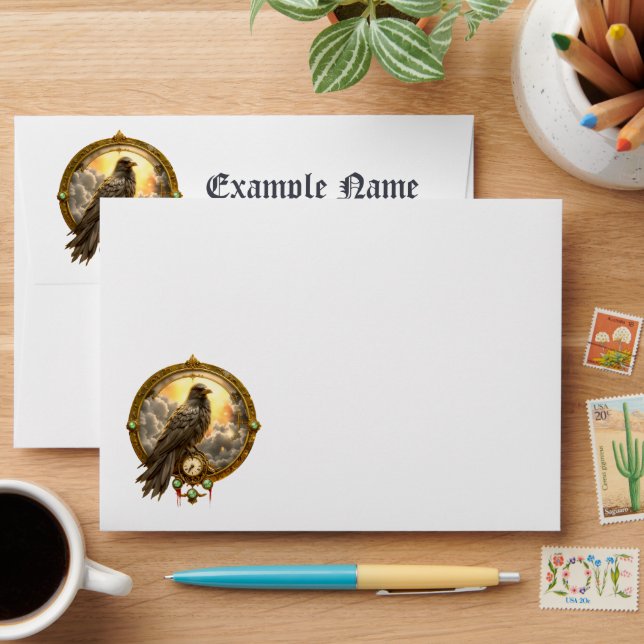 Timekeeper Raven – Gothic Clockwork Envelope (Desk)