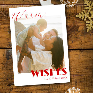 Timeles Red Warm Wishes Two Beach Family Photo Holiday Card