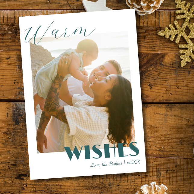Timeles Teal Warm Wishes Two Beach Family Photo Holiday Card (Creator Uploaded)