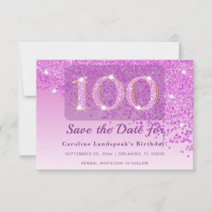 Timeless 100th Birthday Pink Glitter Frosted Save The Date