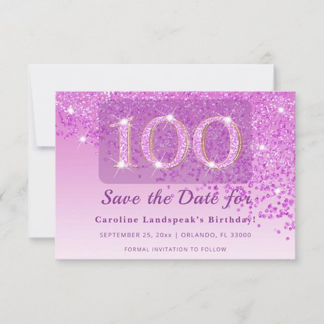Timeless 100th Birthday Pink Glitter Frosted  Save The Date (Front)