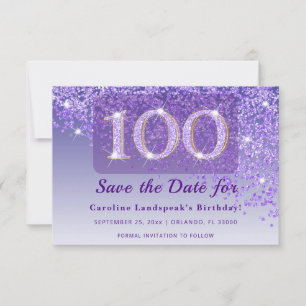 Timeless 100th Birthday Purple Glitter Frosted Save The Date