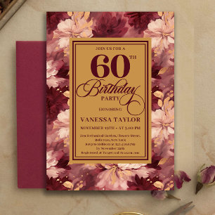 Timeless 60th Birthday Burgundy Gold Floral Invite
