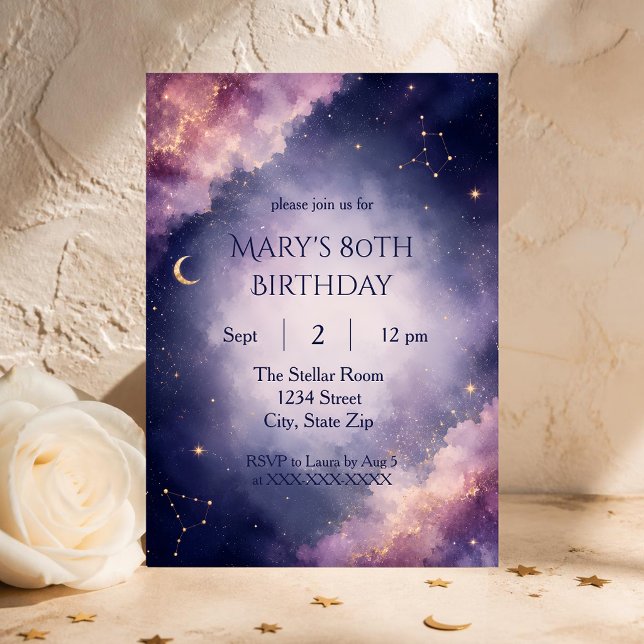 Timeless 80th Birthday Invitation | Luxury Stars (Luxury celestial invitation designed for elegant 80th birthday celebrations & cherished family event)
