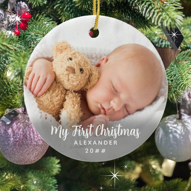 Timeless and Iconic My First Christmas Ceramic Tree Decoration (Front shown. Personalize with your child's photo on the front AND back. Add a name and year. )