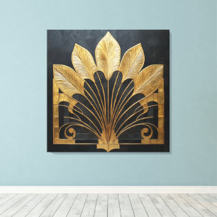 Timeless Art Deco Gold Feather Fan on Faux Texture Canvas Print