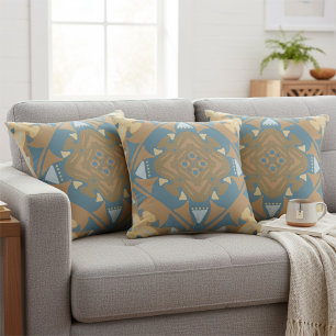 Timeless Beige Gold Blue Diamond Geometric Cushion