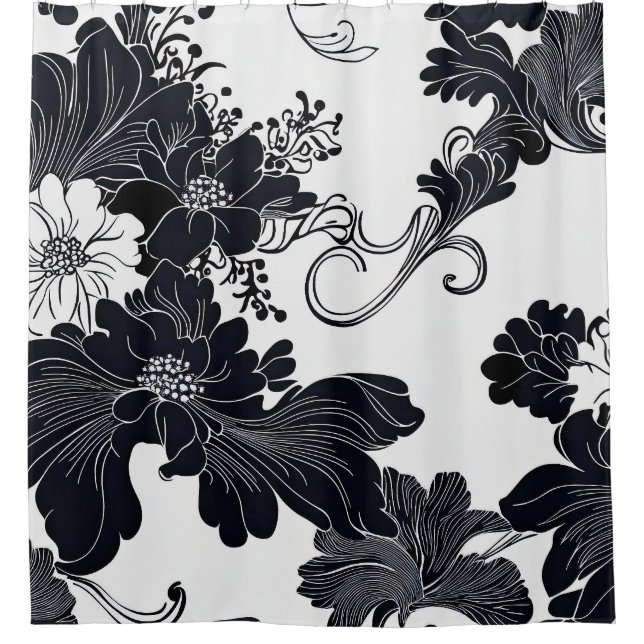 Timeless Black and White Elegant Florals Shower Curtain (Front)