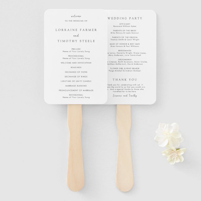 Timeless Black and White Elegant Wedding Program Hand Fan (Front and Back)