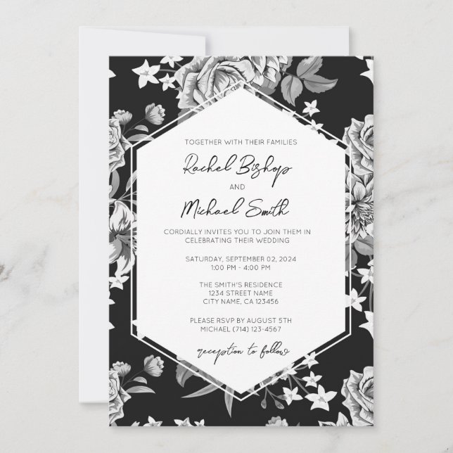Timeless Black and White Floral Wedding Invite (Front)