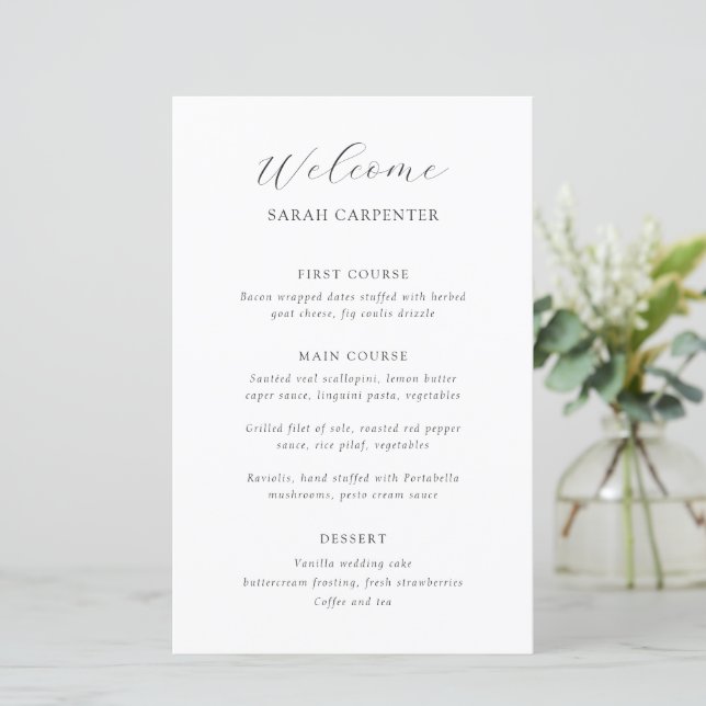 Timeless Black and White Guest Name Wedding Menu (Standing Front)