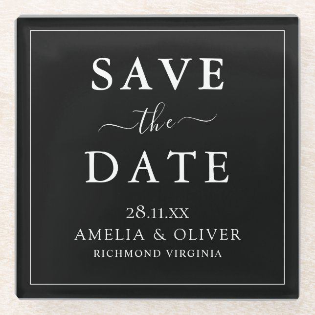 Timeless Black Minimalist Wedding Save The Date Glass Coaster (Front)