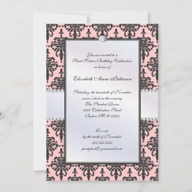 Timeless Black & Pink Damask Sweet 16 Party Invitation (Front)