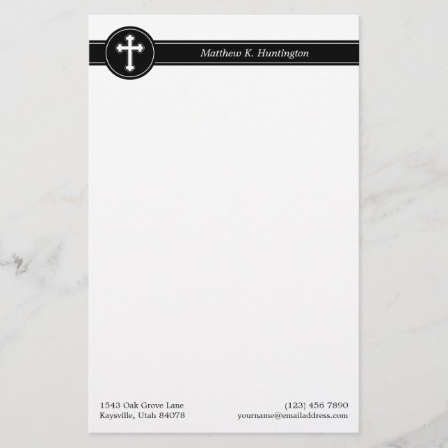 Timeless Black White Cross Name & Contact Info Stationery (Front)