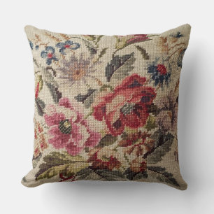 Timeless Bloom: Vintage Needlepoint Floral Throw P Cushion