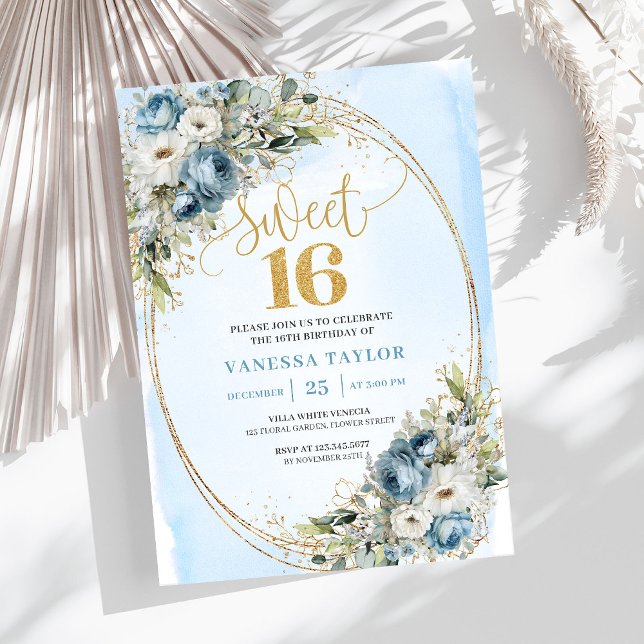 Timeless Blue and White Floral Sweet Sixteen   Invitation (Timeless Blue and White Floral Sweet Sixteen Invitation)
