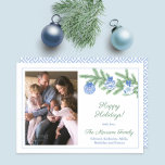 Timeless Blue And White Ginger Jar Ornaments Photo Holiday Card<br><div class="desc">** Photo credit: Photography © Storytree Studios, Stanford, CA ** / Chic holiday photocard design featuring a fir tree branch decorated with blue and white chinoiserie pattern baubles. The reverse side features a blue and white Greek Key pattern. If preferred, you can also add your own horizontal photo to the...</div>