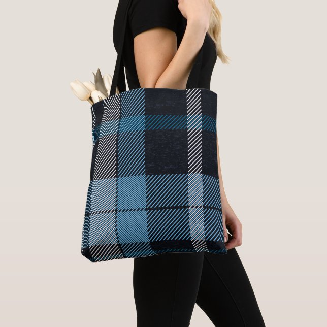 Timeless Blue & Black Plaid Charm: Stylish Tote Bag (Close Up)