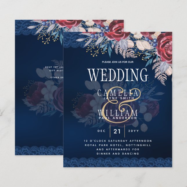 Timeless Blue Burgundy Floral Lace Wedding (Front/Back)
