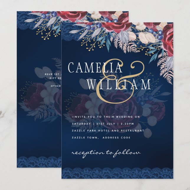 Timeless Blue Burgundy Floral Lace Wedding Invitation (Front/Back)