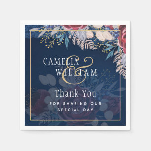 Timeless Blue Burgundy Floral Lace Wedding Napkin