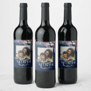 Timeless Blue Burgundy Floral Lace Wedding Wine Label