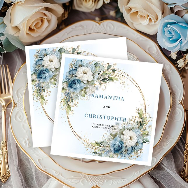 Timeless Blue Floral Gold Wedding Napkins (Timeless Blue Floral Gold Wedding Napkins)