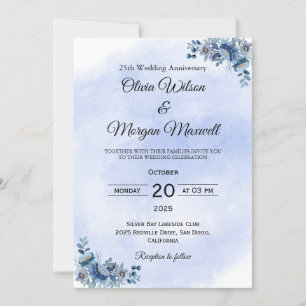 Timeless Blue Floral Wedding Anniversary  Invitation