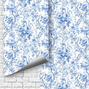 Timeless Blue French Toile Roses Floral Wallpaper