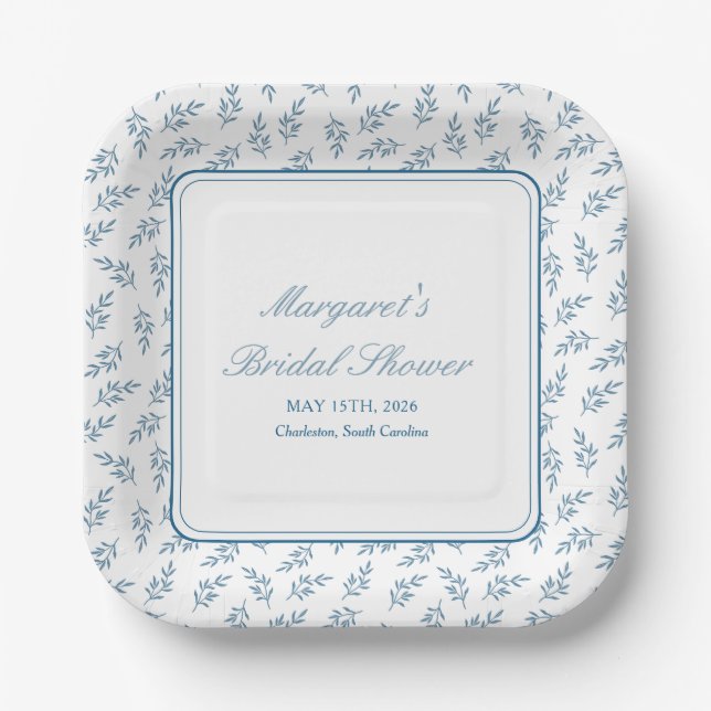 Timeless Blue Garden Elegant Classic Bridal Shower Paper Plate (Front)