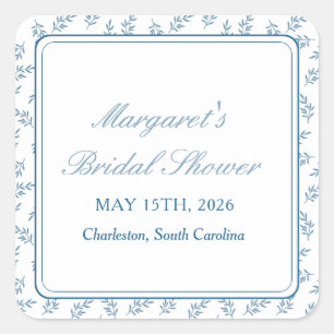 Timeless Blue Garden Elegant Classic Bridal Shower Square Sticker