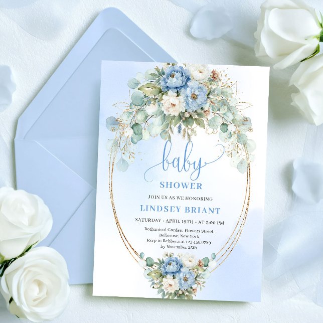 Timeless Blue Peonies Greenery Baby Shower Invite (Timeless Blue Peonies Greenery Baby Shower Invitation)