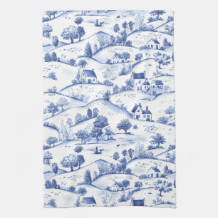Timeless Blue Toile Pastoral French Landscape Tea Towel