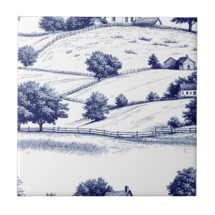 Timeless Blue Toile Pastoral French Landscape Tile