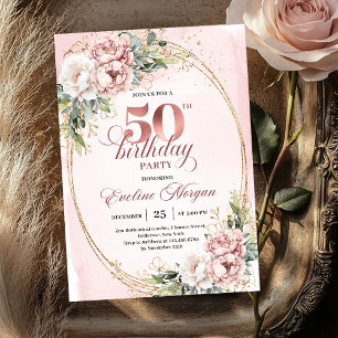Timeless Blush Flowers Rose Gold 50th Birthday  Invitation