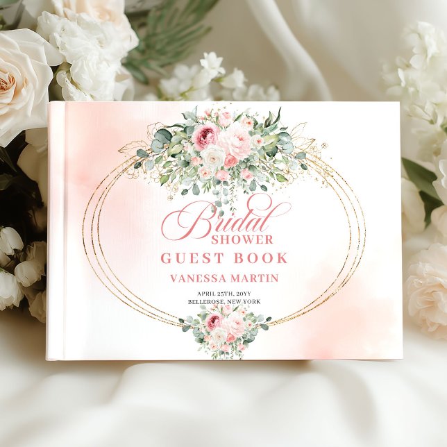 Timeless Blush Rose Greenery Gold Bridal Guestbook (Timeless Blush Roses Greenery Gold Bridal Guest Book)